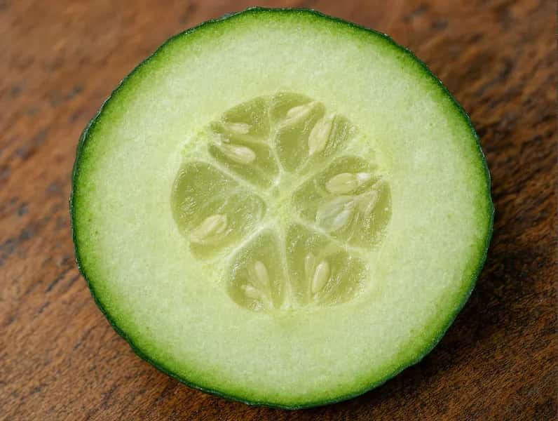 Corte transversal de un pepino con la piel, la pulpa y las semillas