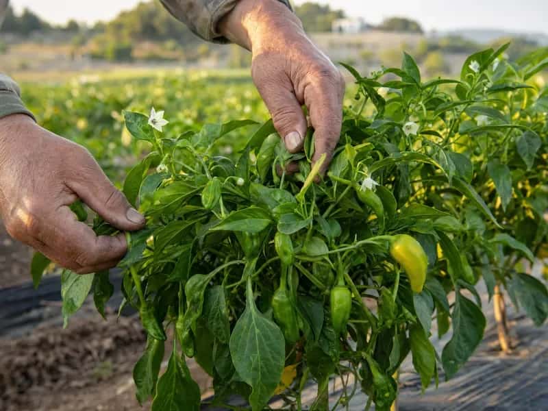 Manos revisando una mata de pimientos de Padrón con flores blancas y frutos pequeños