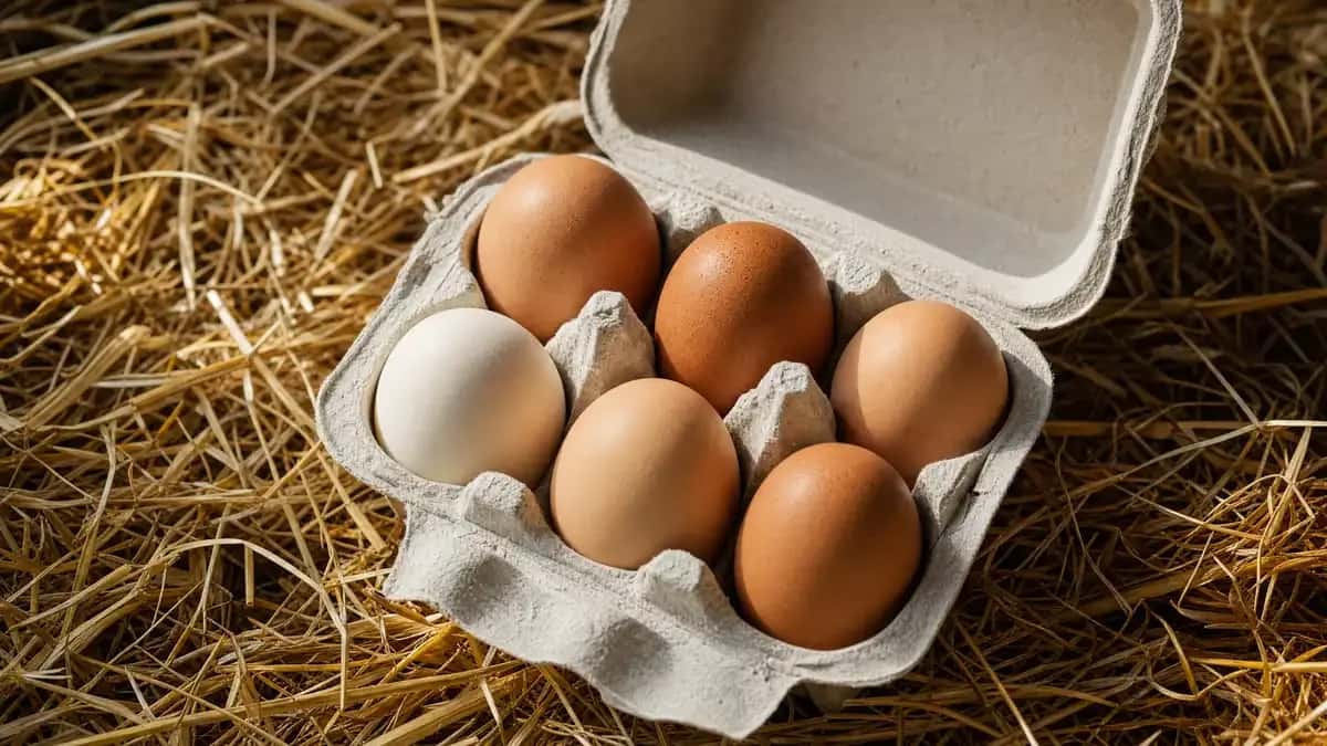 Huevera de cartón con seis huevos morenos y blancos sobre paja