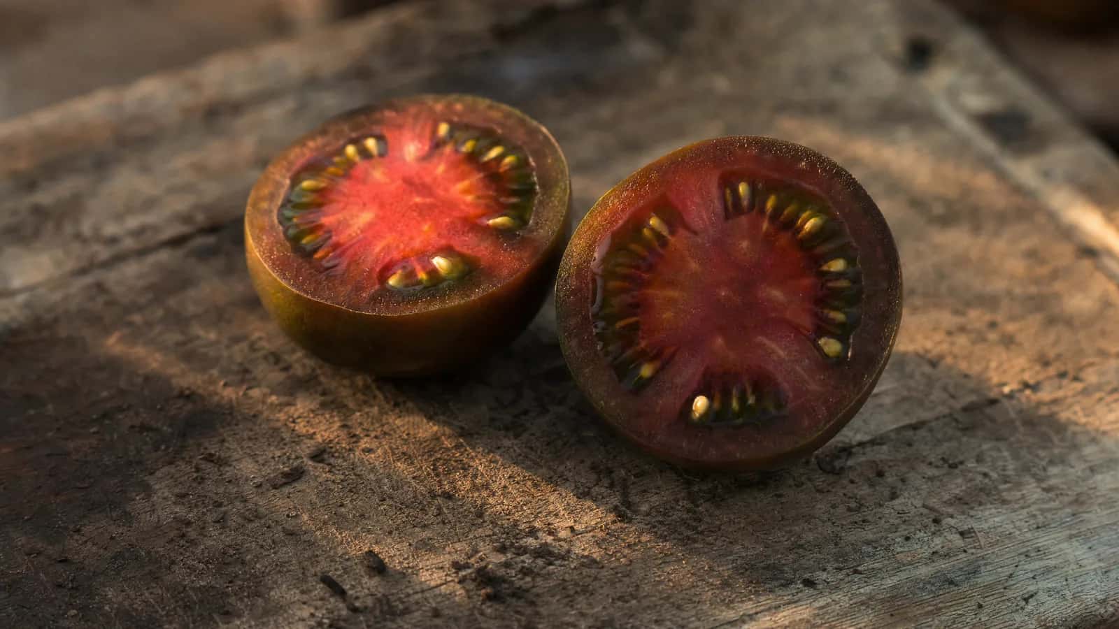Tomate kumato partido por la mitad, con la piel oscura y la pulpa roja