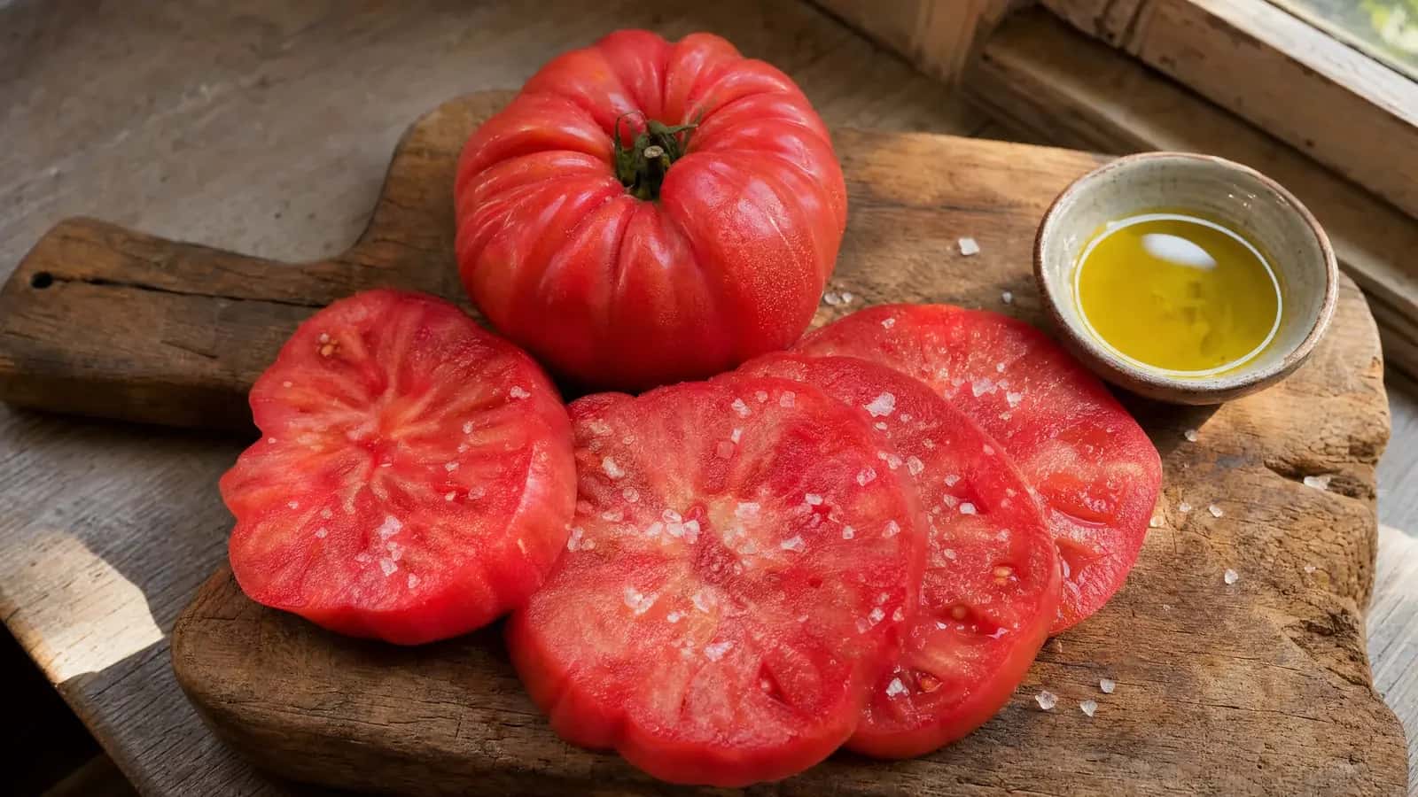 Tomate corazón de buey entero y en rodajas con sal y aceite sobre una tabla
