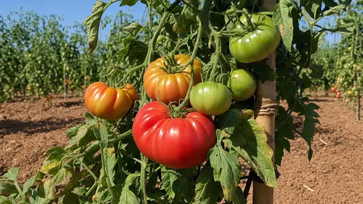 Tomatera de corazón de buey con frutos verdes, a medio madurar y maduros en una hilera del huerto