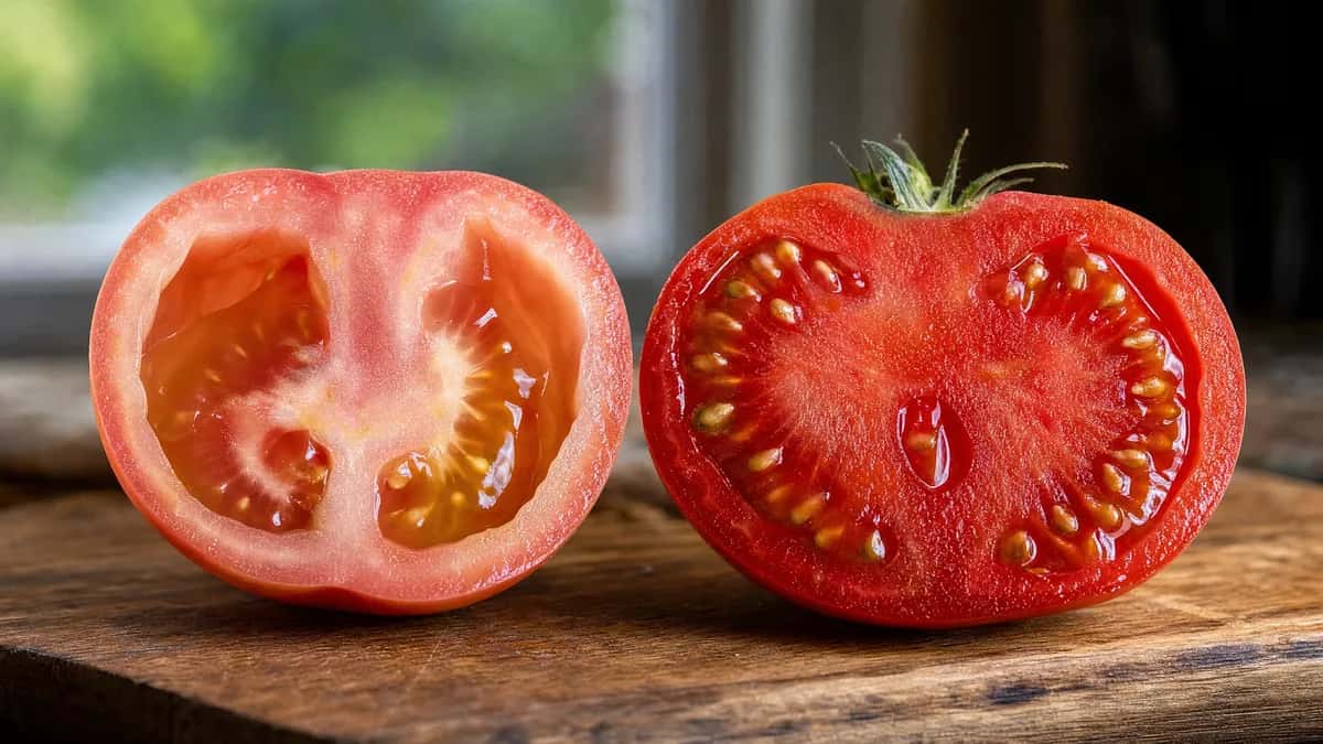Dos mitades de tomate sobre una tabla: una pálida por dentro y otra roja y jugosa