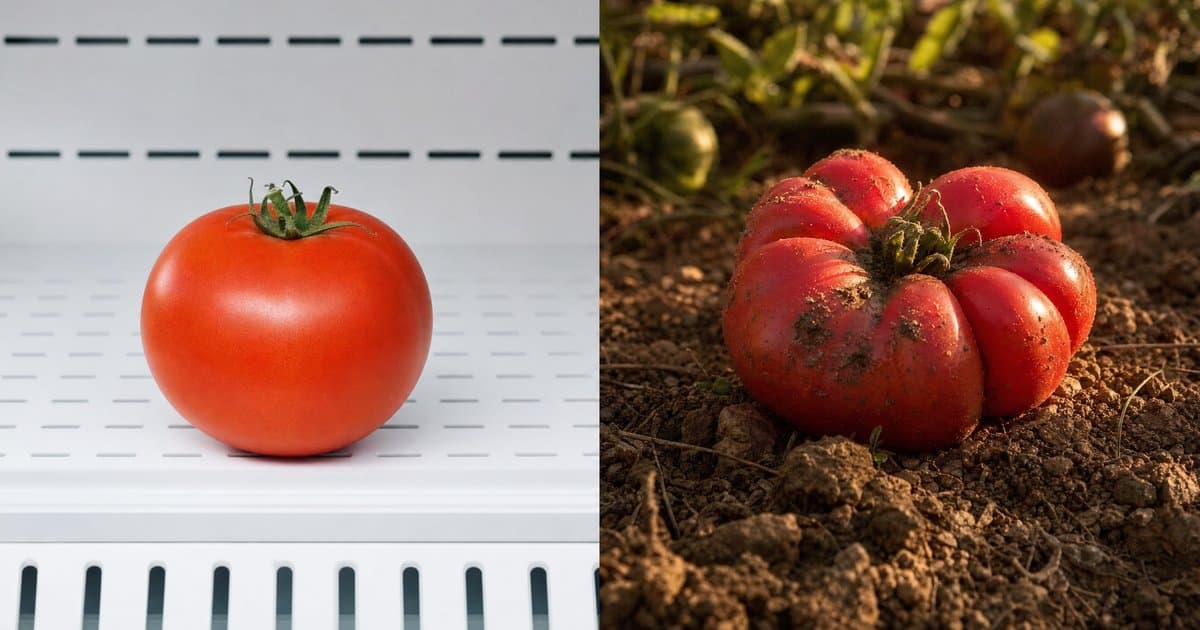 Tomate de supermercado pálido y uniforme junto a tomate de finca irregular y rojo intenso — diferencia visible antes de probarlo