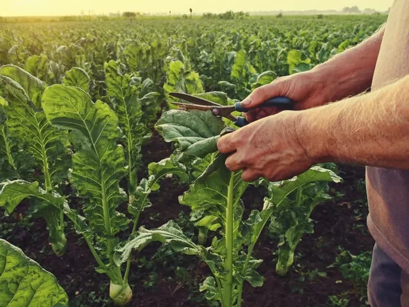 Manos cortando hojas de acelga con unas tijeras en una hilera del huerto