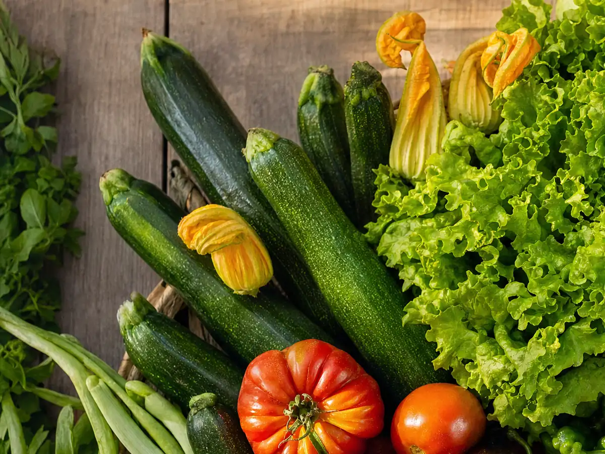 Calabacines con su flor junto a lechugas y tomates recién cosechados
