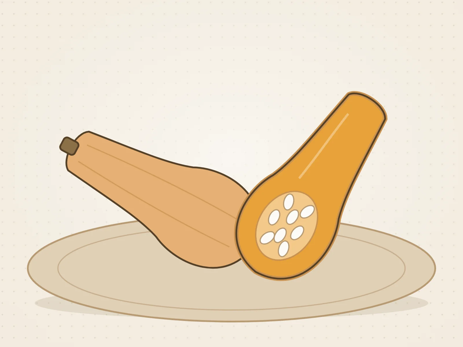 Ilustración de una calabaza butternut entera y otra abierta con la pulpa naranja y las semillas