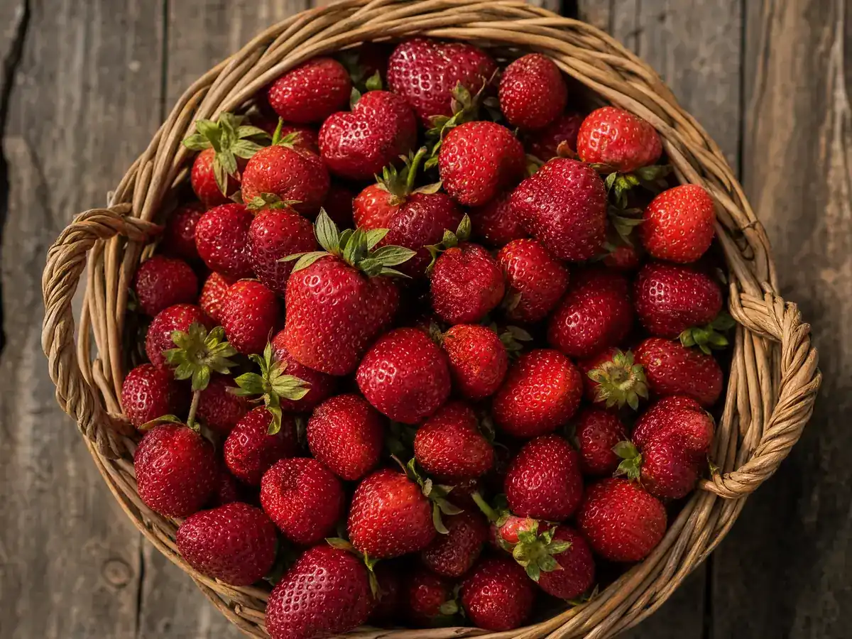 Cesta de mimbre llena de fresas rojas sobre una mesa de madera