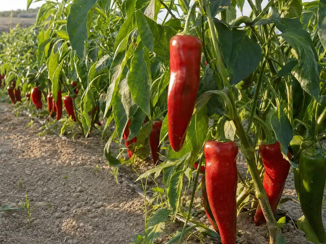 Pimientos rojos alargados colgando de las plantas en una hilera del huerto