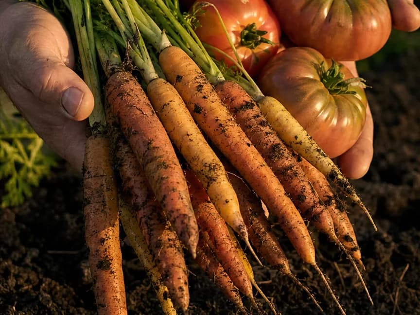 Manojo de zanahorias recién arrancadas, con tierra y hojas, junto a unos tomates