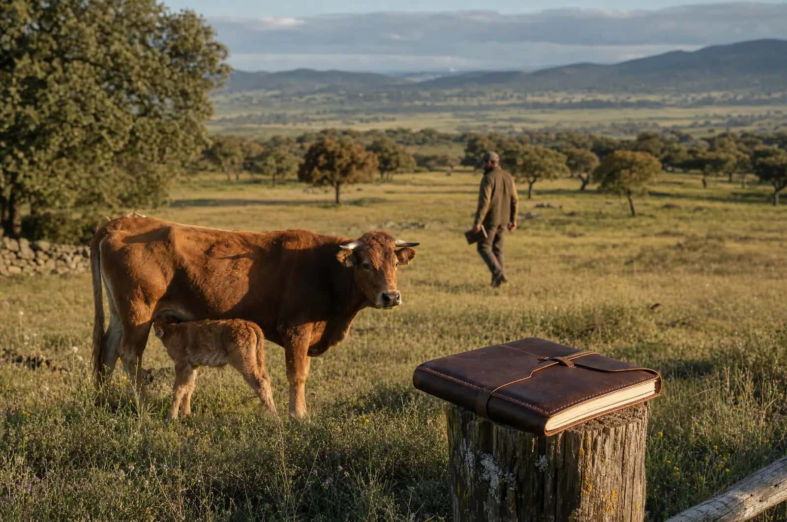 Vaca con su cría en un prado con encinas; al fondo, una persona camina entre los árboles