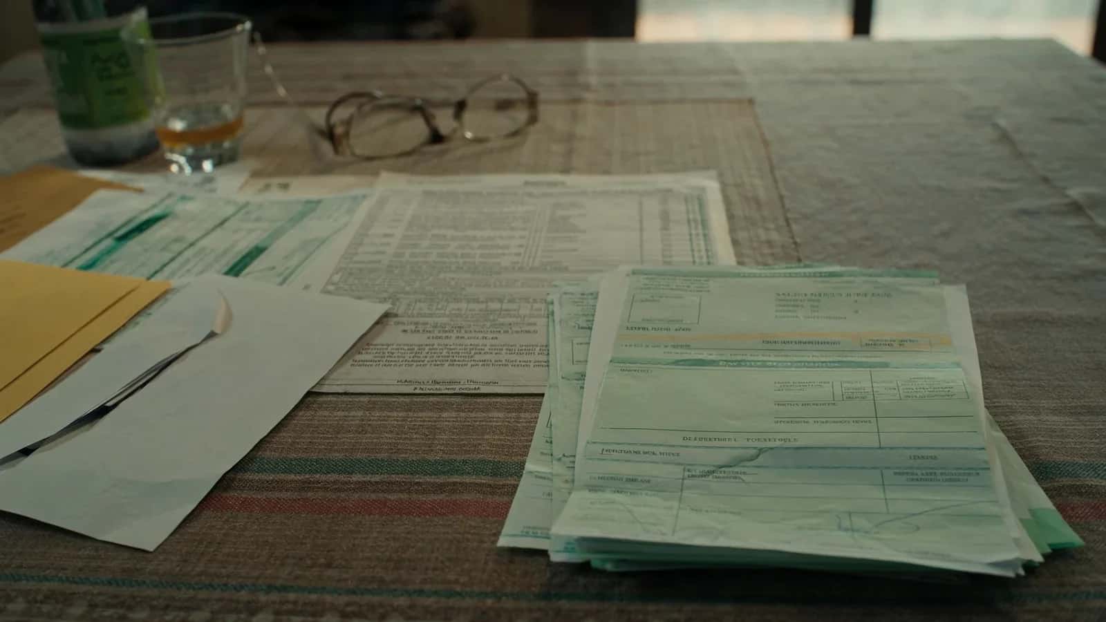 Facturas, un sobre y unas gafas sobre una mesa