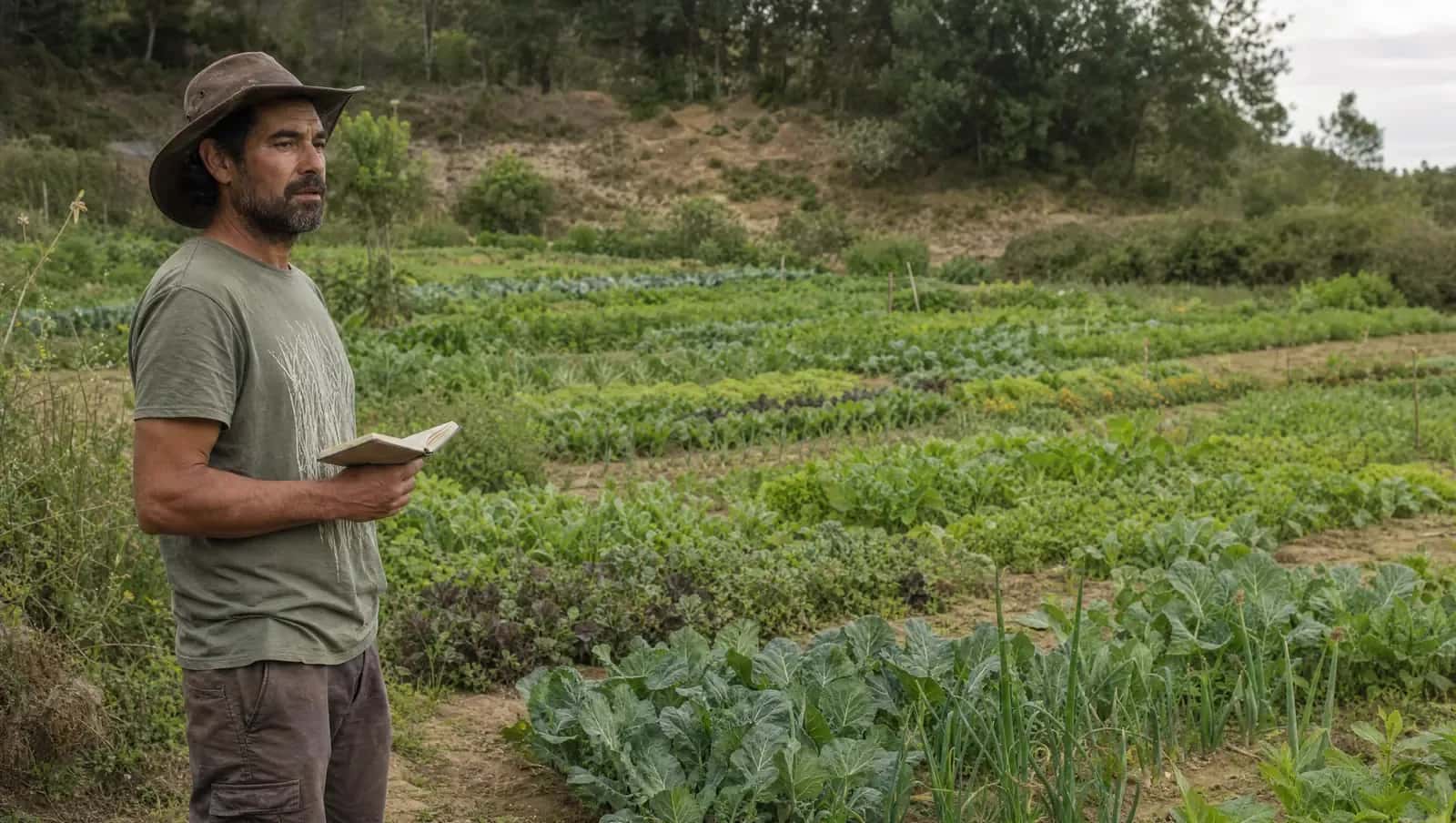 Agricultor con una libreta junto a bancales de hortalizas