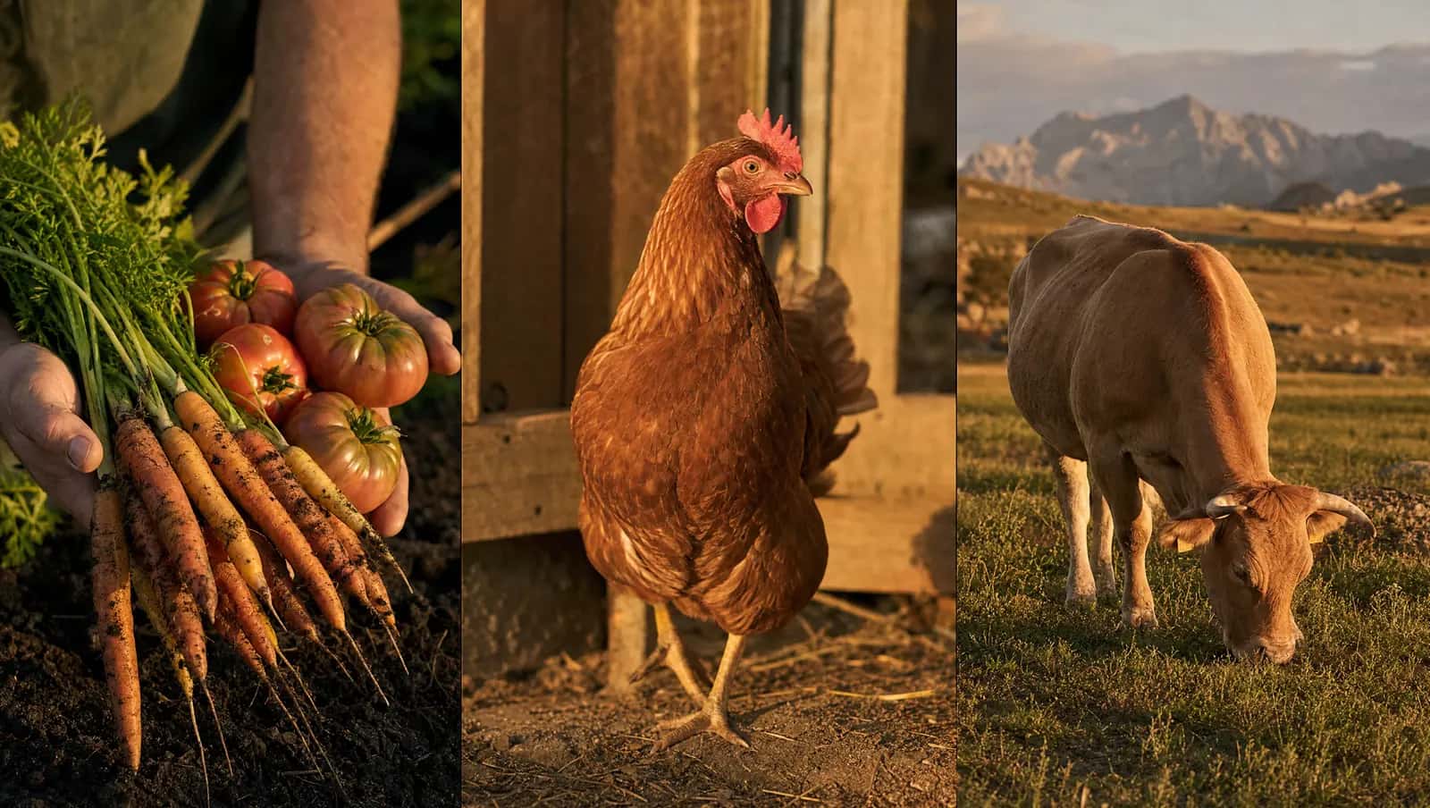 Zanahorias y tomates recién cosechados, una gallina y una vaca pastando