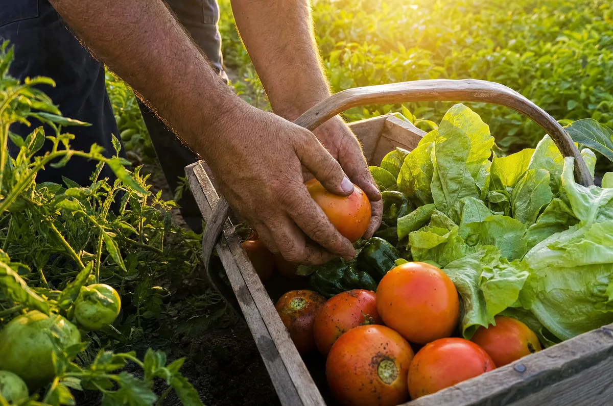 Cosecha a mano de tomates y hortalizas frescas en una finca de la red MyOwnVeggies