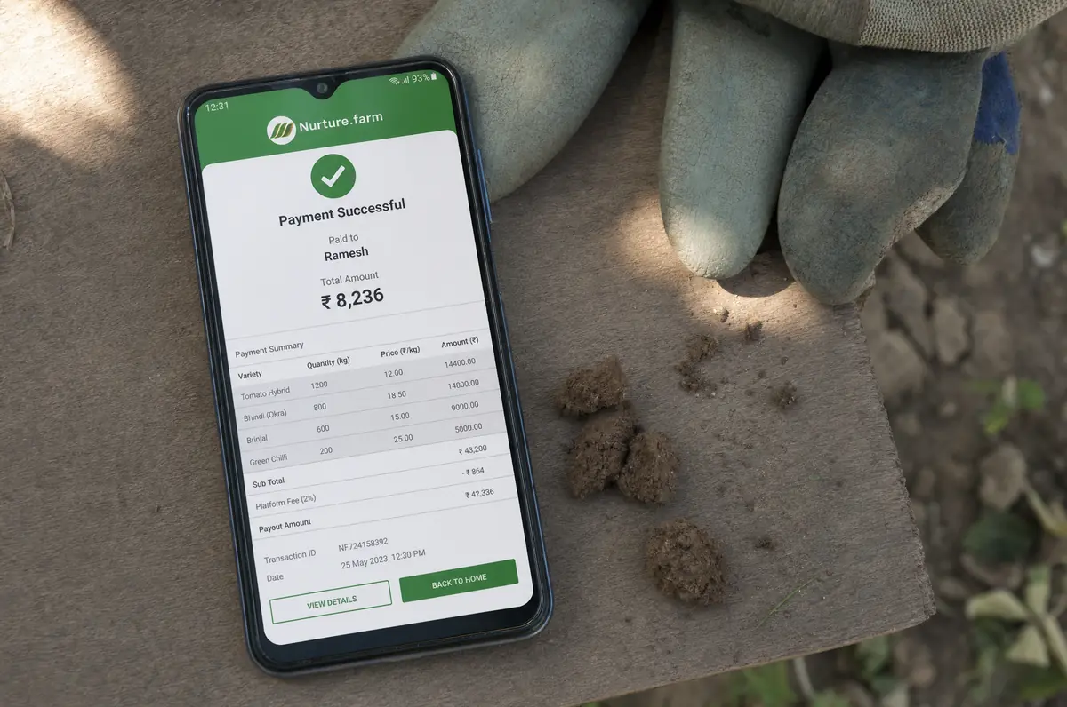 Teléfono con notificación de liquidación de Origen Tu Campo — detalle de kilos y precio por variedad en la semana de entrega